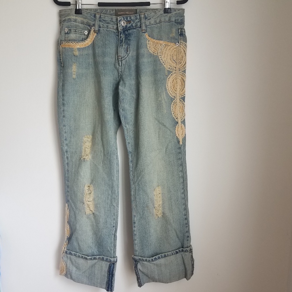 Nwt Peppe Peluso embroidered beaded distress jeans